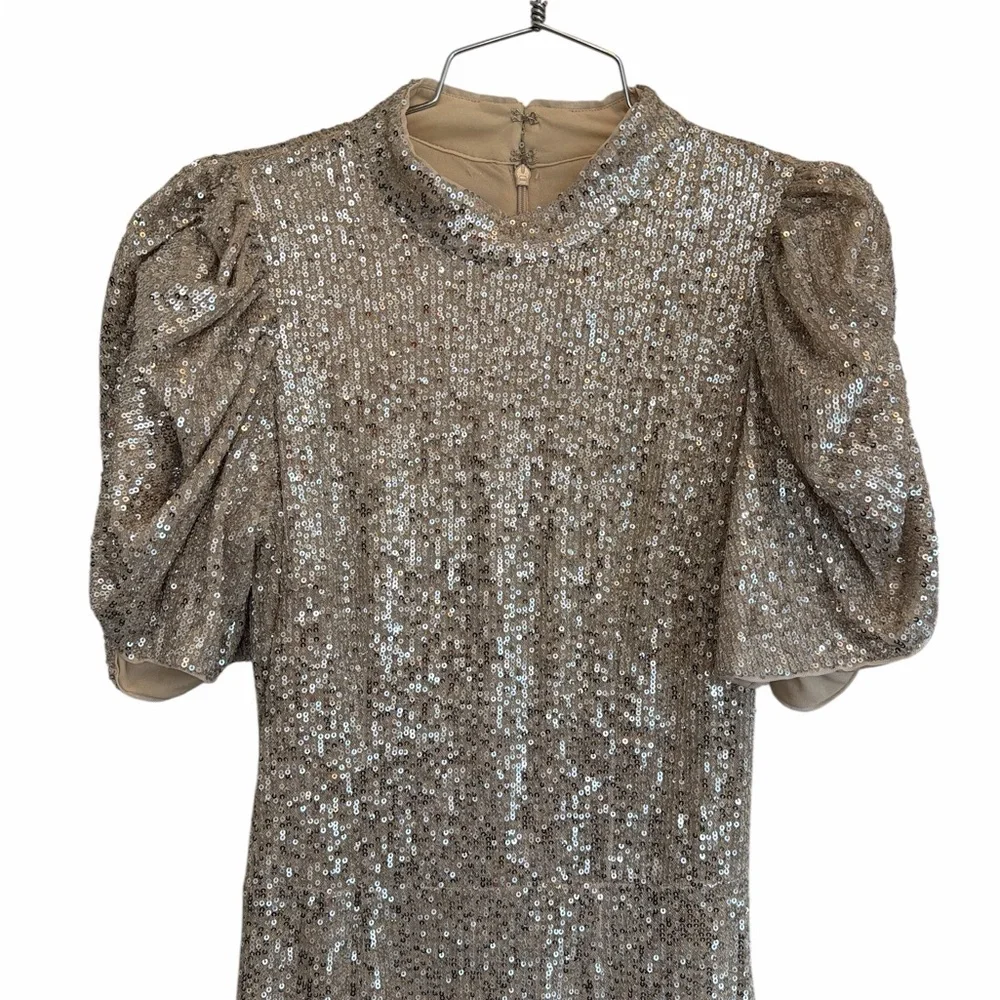 H&M Gold Sequin Midi Dress XS Stretch Puff Sleeve Party Cocktail Glam - Picture 6 of 12